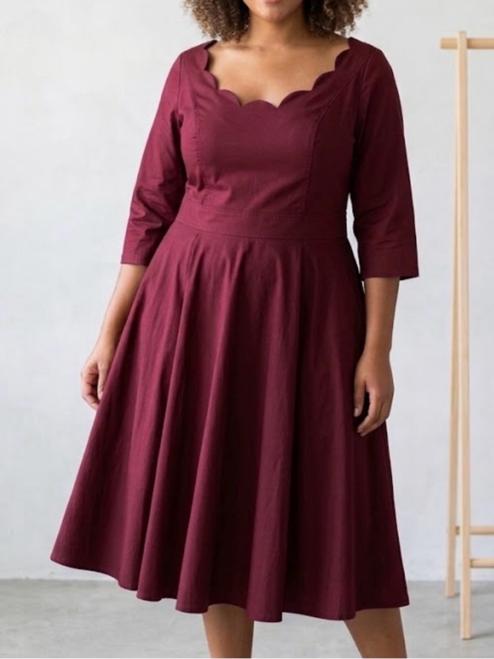 eShakti Burgundy Scalloped Neck Fit & Flare Cottage Midi Dress Elbow Sleeve